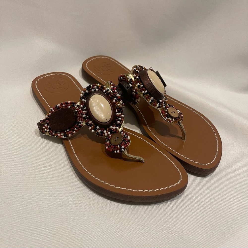 BCBGirls‎ Womens Beaded T-Strap Thong Sandals Brown Tan Boho Stone Accents 7.5
